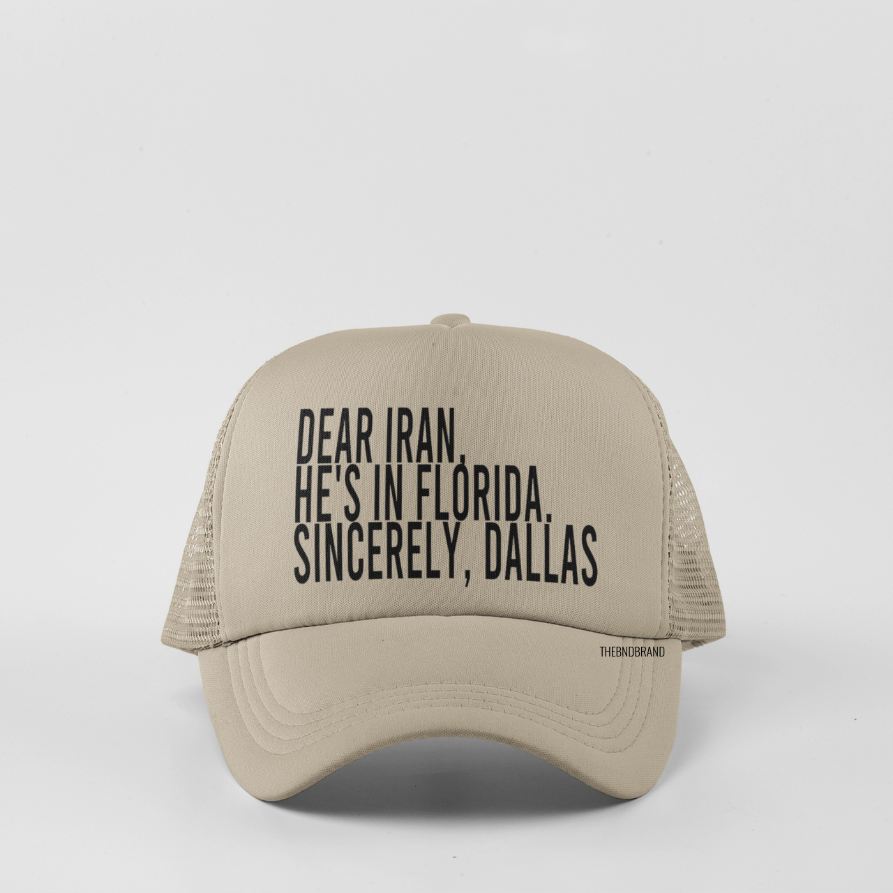 Beige trucker hat with text on a white background